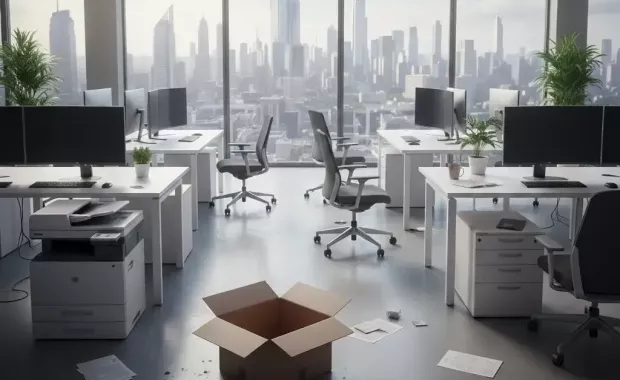 Verlassenes, modernes Großraumbüro mit leeren Schreibtischen, schwarzen Monitoren und einem gepackten Umzugskarton als Symbol für eine Kündigungswelle und gescheiterte Vertriebsstrategie. Jetzt erfolgreiche Vertriebsstrategie entwickeln. Mit KI generiert.