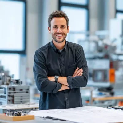 Zufriedener Mitarbeiter im modernen Büro, der aus innerer Zufriedenheit lächelt – Symbol für intrinsische Motivation und gelungene Mitarbeiterführung.