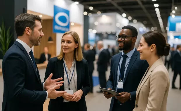 Vier Messebesucher im Gespräch – eine typische B2B-Messeszene mit professionellem Austausch am Stand.