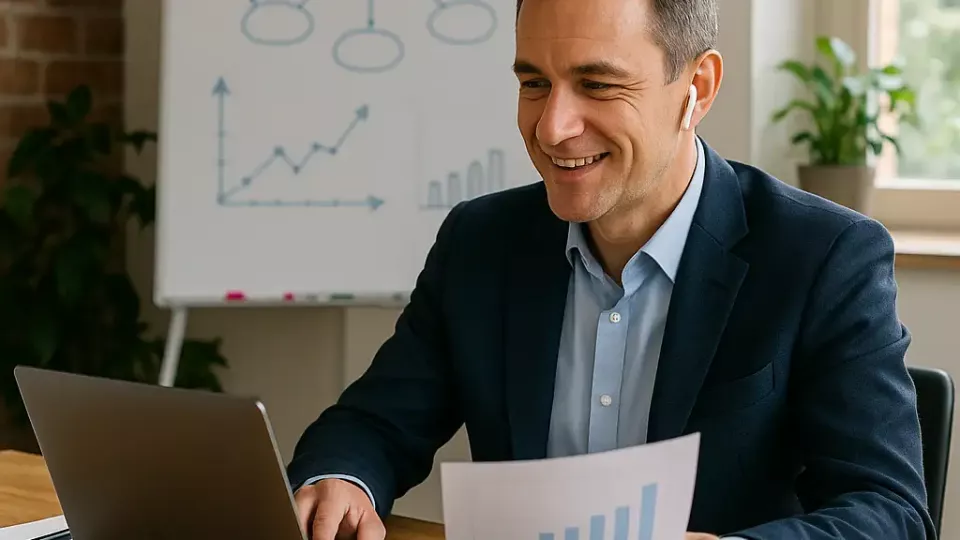 Lächelnder Vertriebsmitarbeiter im Anzug sitzt am Laptop, hält ein Diagramm in der Hand, im Hintergrund Whiteboard mit KI-Flowchart – natürliche Darstellung des Einsatzes von Künstlicher Intelligenz im Vertrieb