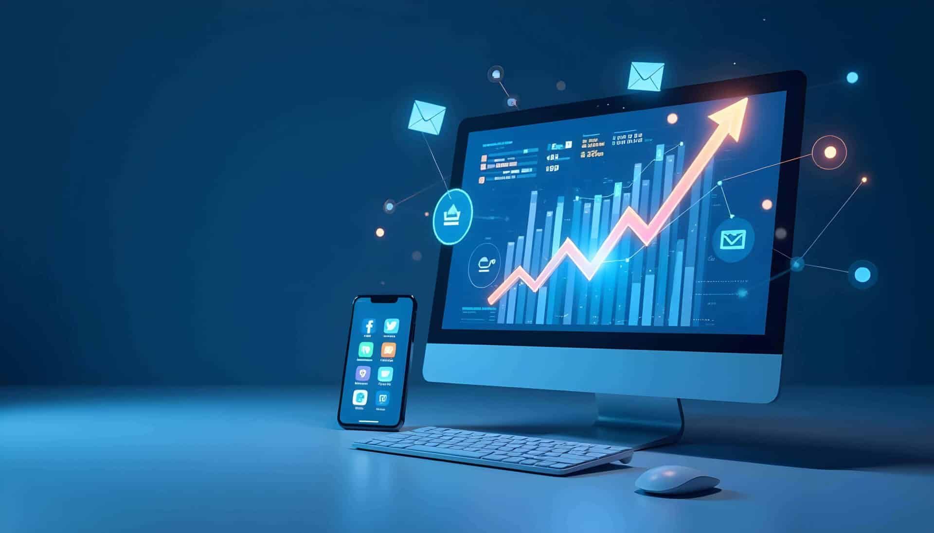 Professionelles Titelbild zu digitalem Marketing mit Datenanalyse, Social Media-Icons, SEO, Content-Marketing und E-Mail-Marketing, die durch digitale Netzwerke verbunden sind. Symbolisiert Lead-Generierung und Geschäftswachstum. (bitte so als Alt-Text in WordPress eingeben)