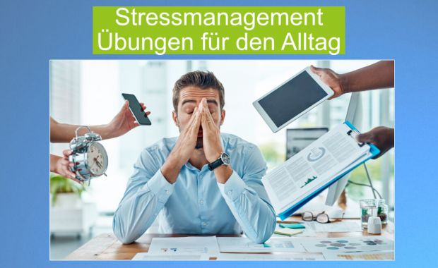 Mann mittleren Alters umgeben von Dokumenten, Smartphones, Tablets und Uhren. Stress auf der Arbeit kann jeden von uns belasten.
