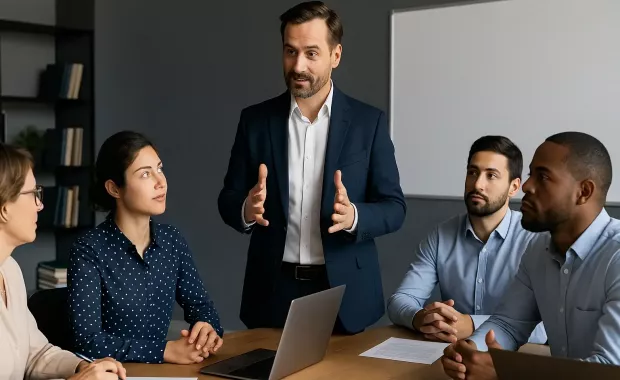 Eine Führungskraft steht vor ihrem Team und erklärt Strategien – modernes Beispiel für zeitgemäße Führungsstile mit Fokus auf Kommunikation und Zusammenarbeit.