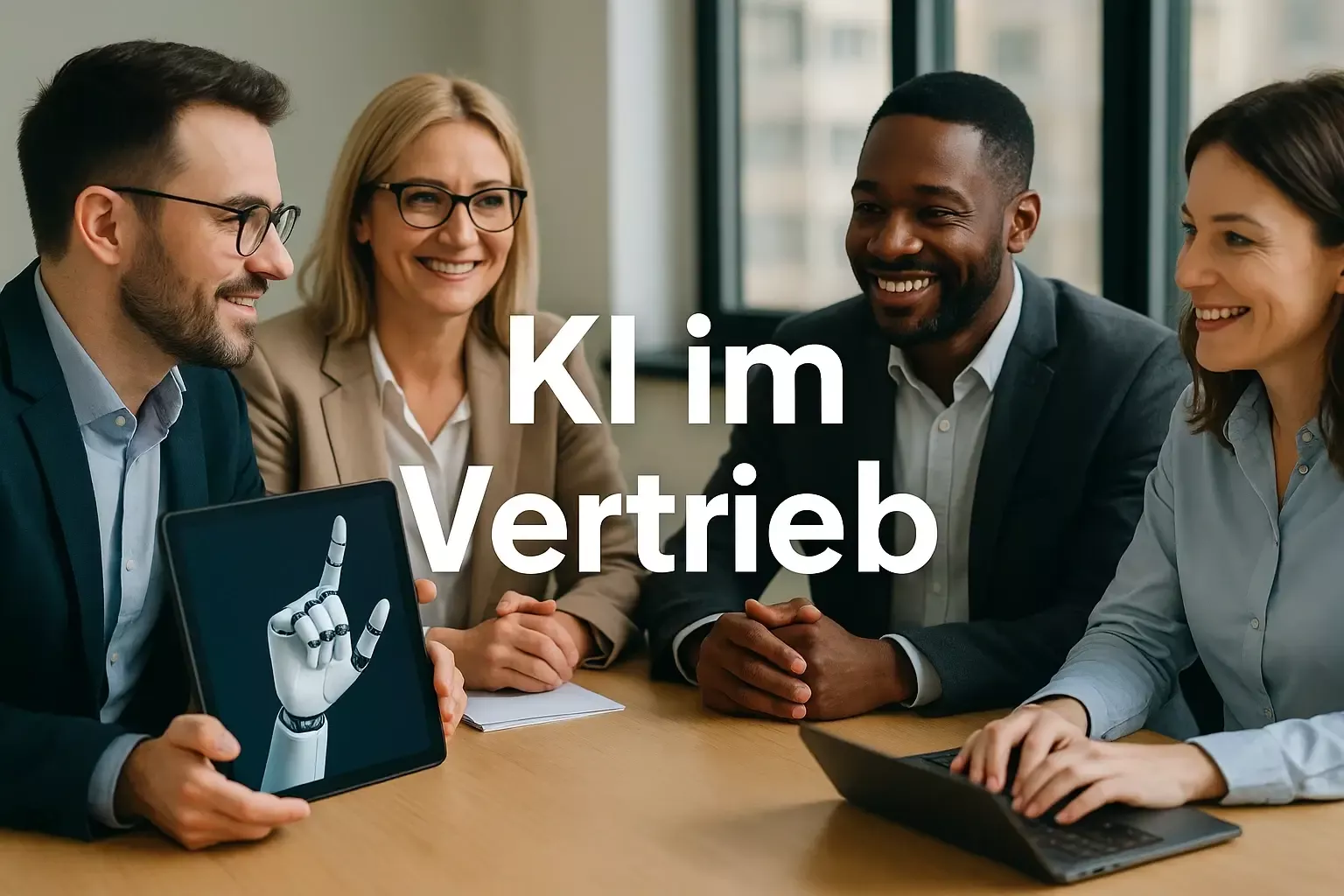 Vier Geschäftsleute im Meeting, ein Mann hält ein Tablet mit einer Roboterhand, daneben der Schriftzug "KI im Vertrieb"