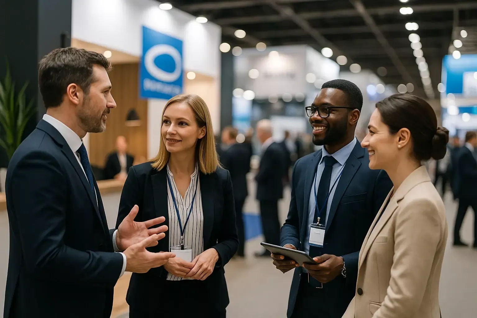 Vier Messebesucher im Gespräch – eine typische B2B-Messeszene mit professionellem Austausch am Stand.