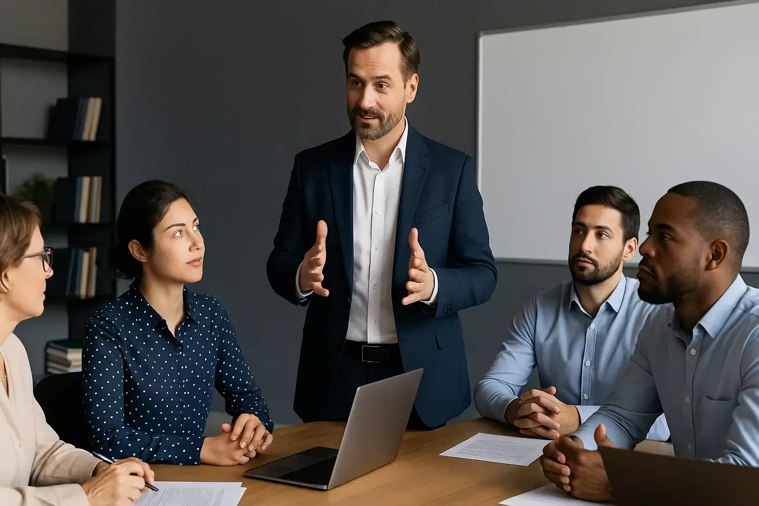 Eine Führungskraft steht vor ihrem Team und erklärt Strategien – modernes Beispiel für zeitgemäße Führungsstile mit Fokus auf Kommunikation und Zusammenarbeit.