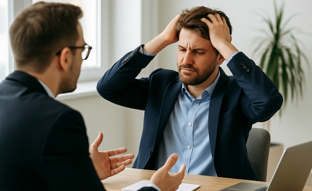 Verkäufer im Gespräch, sichtbar frustriert, lehnt sich zurück und rauft sich genervt die Haare.