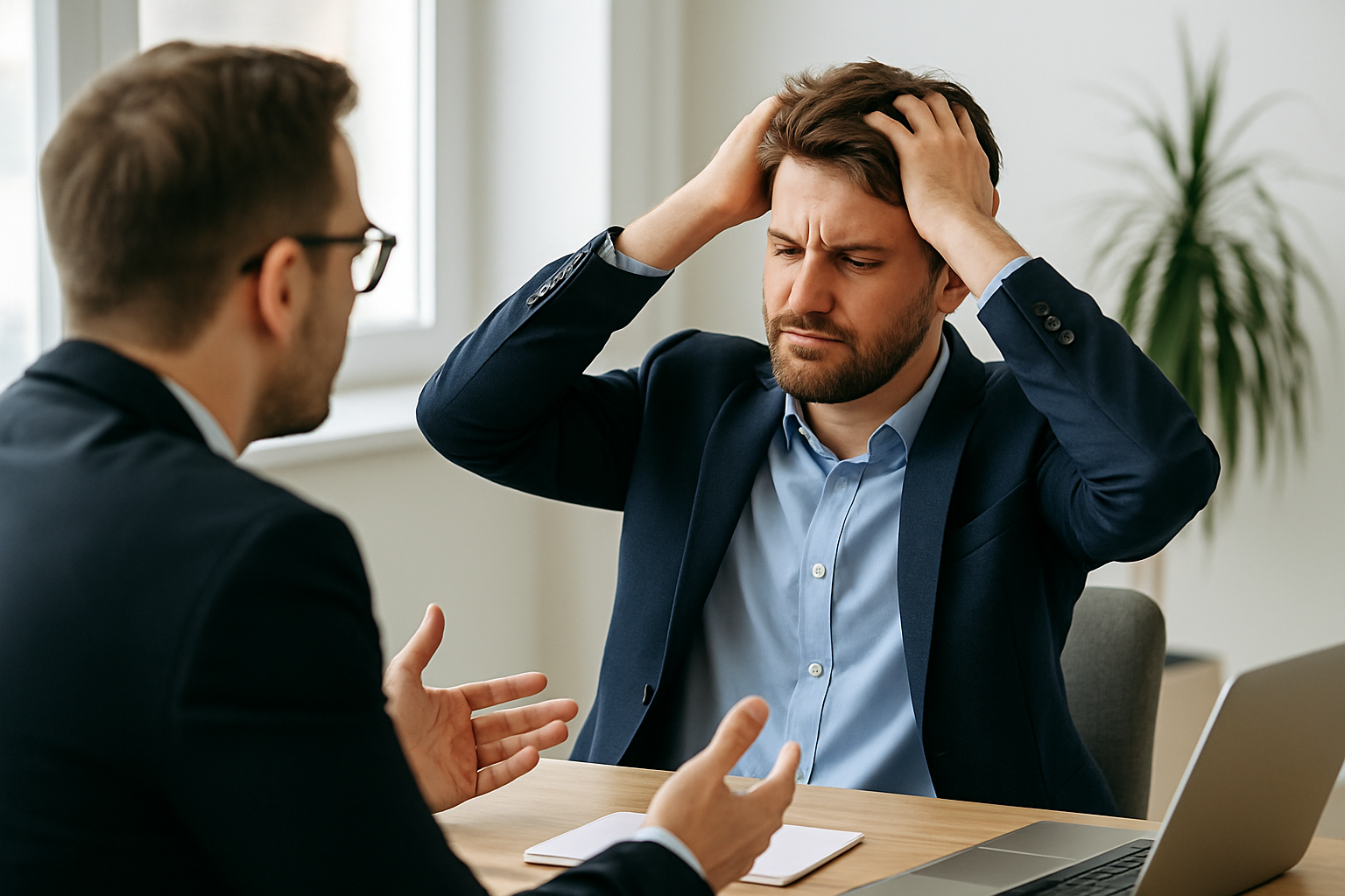 Verkäufer im Gespräch, sichtbar frustriert, lehnt sich zurück und rauft sich genervt die Haare.