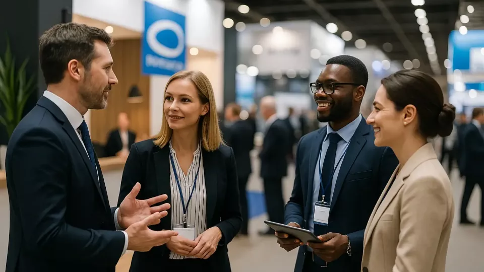 Vier Messebesucher im Gespräch – eine typische B2B-Messeszene mit professionellem Austausch am Stand.
