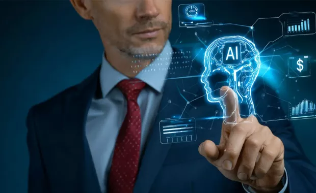 Geschäftsmann im Anzug zeigt auf ein leuchtendes KI-Symbol, umgeben von futuristischen Hologrammen und Diagrammen – Symbolbild für den richtigen Einsatz von Künstlicher Intelligenz im Vertrieb