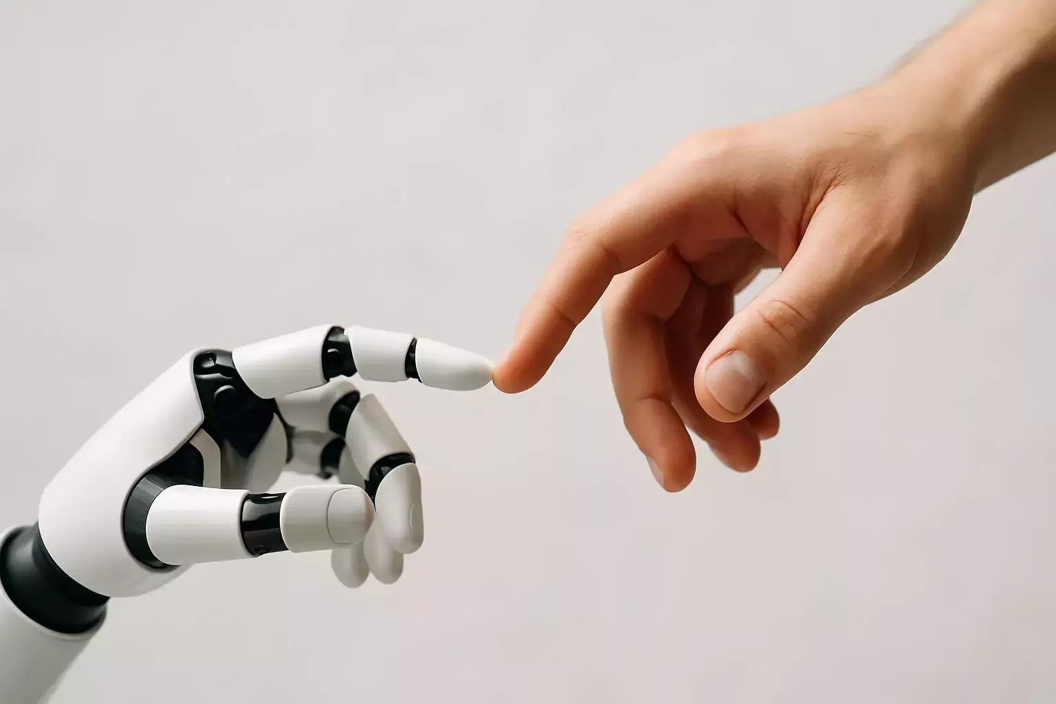Roboterhand und menschliche Hand berühren sich an den Fingerspitzen – Darstellung für KI Selling im Vertriebstraining.