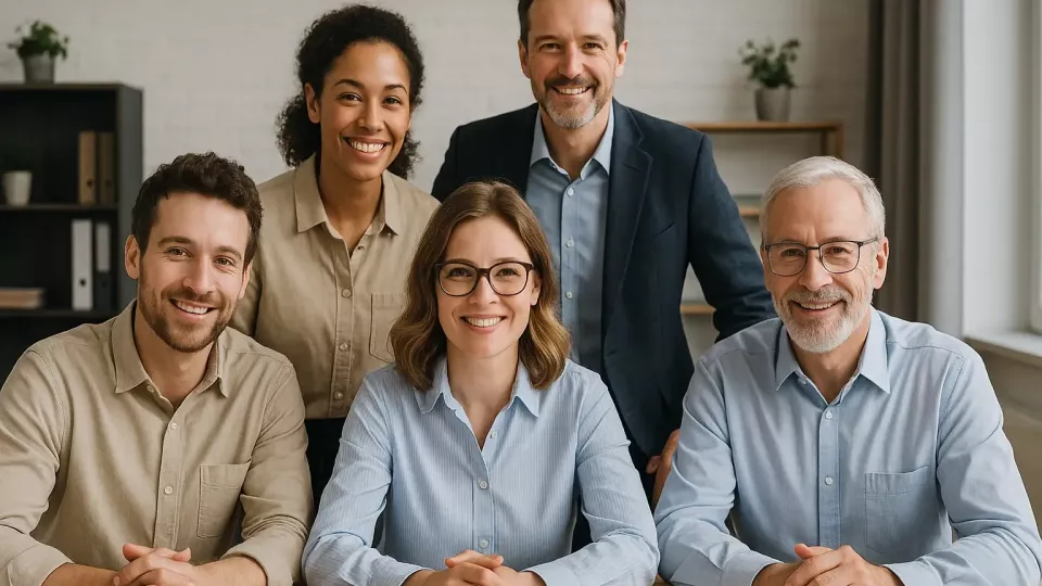 Ein freundliches Team in einem modernen Büro steht für moderne Mitarbeiterführung und Führungsstile, die auf Vertrauen, Offenheit und Sinnorientierung basieren.