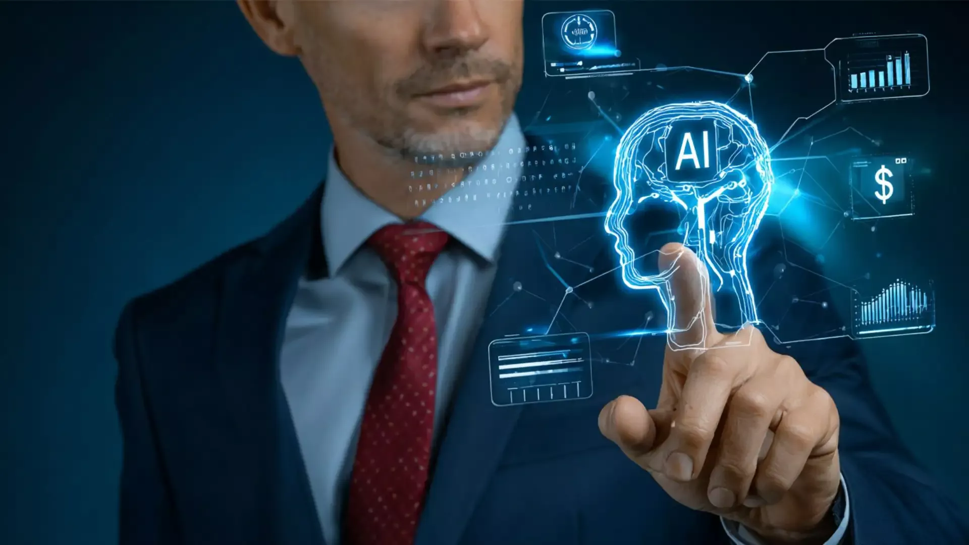 Geschäftsmann im Anzug zeigt auf ein leuchtendes KI-Symbol, umgeben von futuristischen Hologrammen und Diagrammen – Symbolbild für den richtigen Einsatz von Künstlicher Intelligenz im Vertrieb