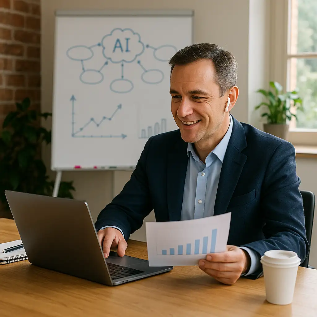 Lächelnder Vertriebsmitarbeiter im Anzug sitzt am Laptop, hält ein Diagramm in der Hand, im Hintergrund Whiteboard mit KI-Flowchart – natürliche Darstellung des Einsatzes von Künstlicher Intelligenz im Vertrieb