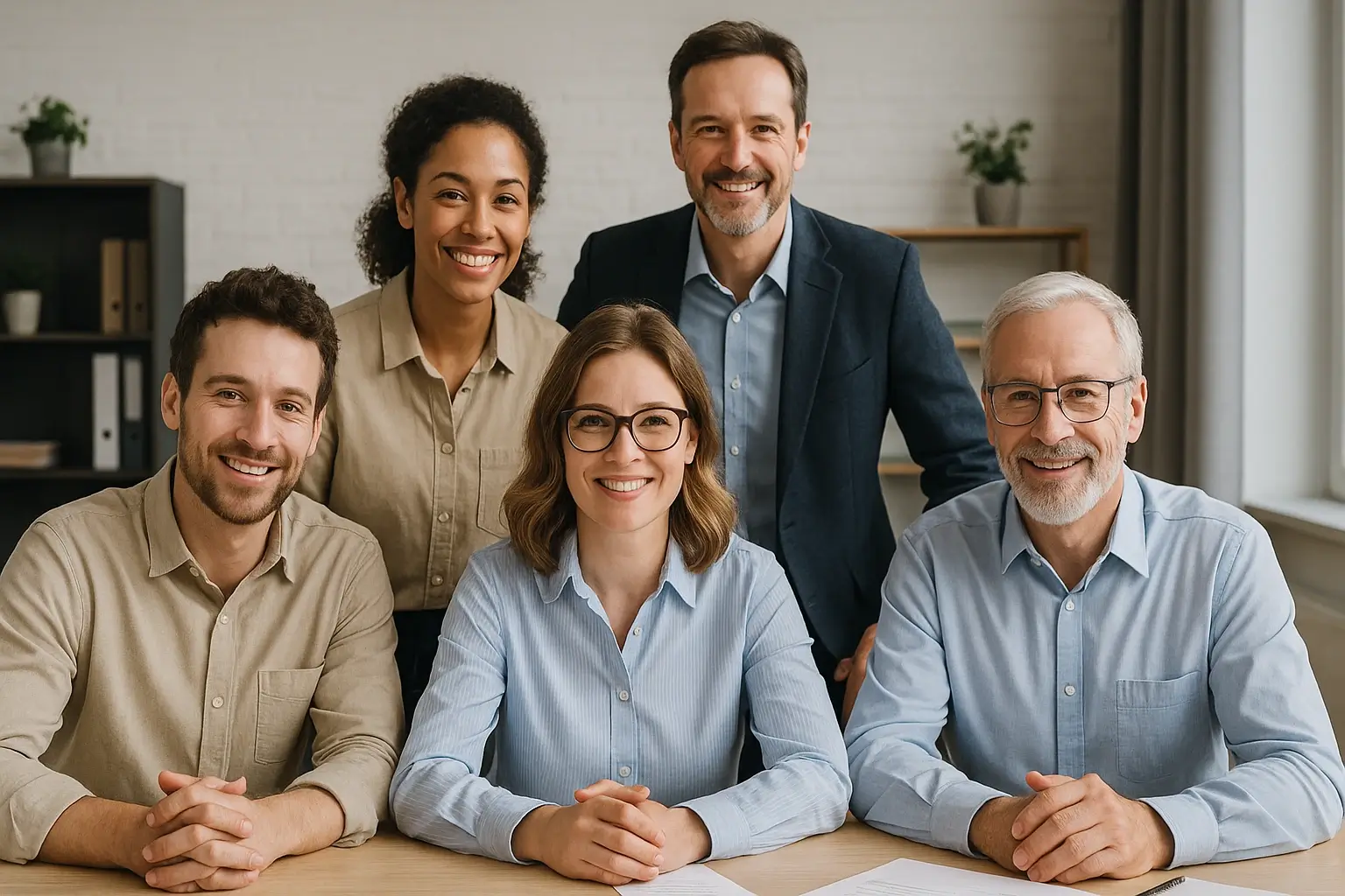 Ein freundliches Team in einem modernen Büro steht für moderne Mitarbeiterführung und Führungsstile, die auf Vertrauen, Offenheit und Sinnorientierung basieren.