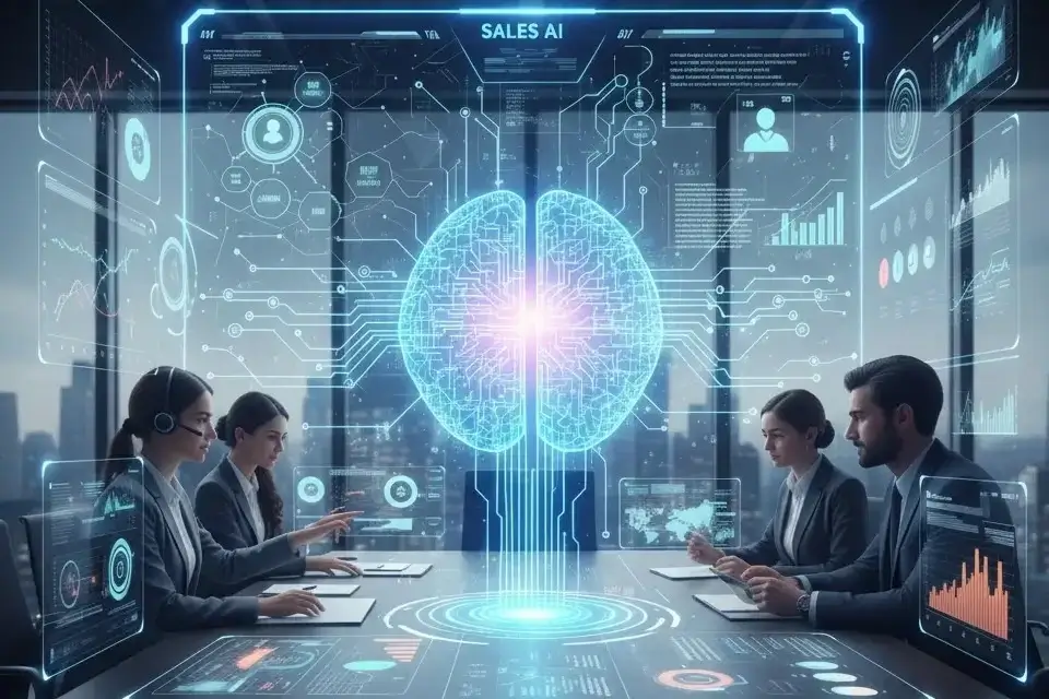 Menschen im Büro mit projiziertem KI Gehirn als Symbol für ki selling und den Einsatz künstlicher Intelligenz im Verkaufsprozess