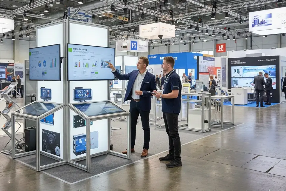 Zwei Mitarbeitende im Messecoaching am Stand, üben Gesprächsführung und Besucheransprache