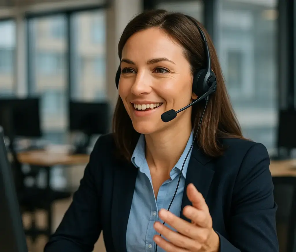 Freundliche Mitarbeiterin im B2B-Telefonakquise-Gespräch mit Headset