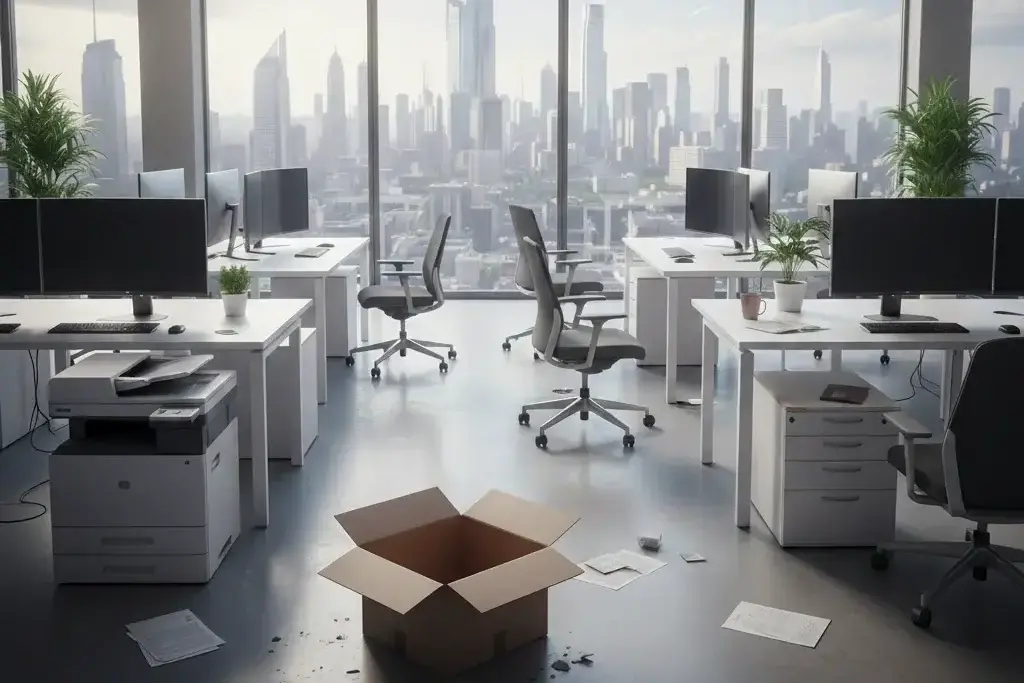 Verlassenes, modernes Großraumbüro mit leeren Schreibtischen, schwarzen Monitoren und einem gepackten Umzugskarton als Symbol für eine Kündigungswelle und gescheiterte Vertriebsstrategie. Jetzt erfolgreiche Vertriebsstrategie entwickeln. Mit KI generiert.