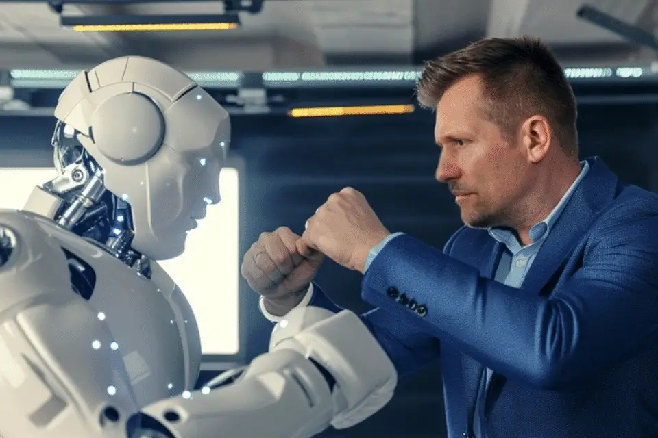 Dirk Stöcker im symbolischen Boxkampf zwischen Mensch und Maschine zur KI Zukunft