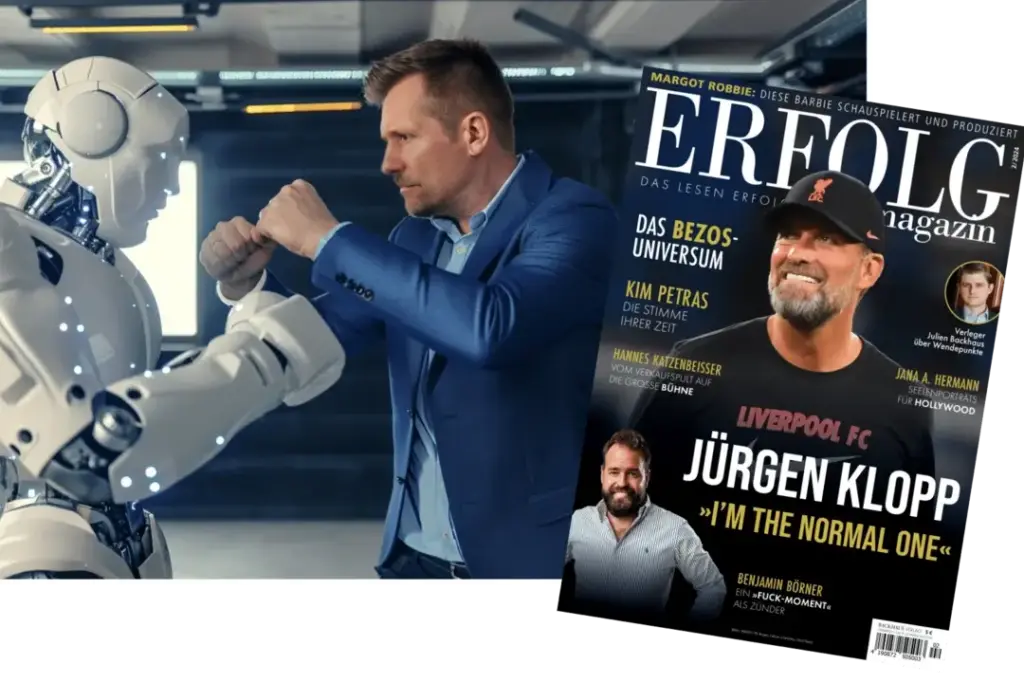 Illustration zum Fachartikel im Erfolg Magazin: Ein digitaler Avatar von Dirk Stöcker im symbolischen Wettstreit mit einem Roboter, der eine KI darstellt.