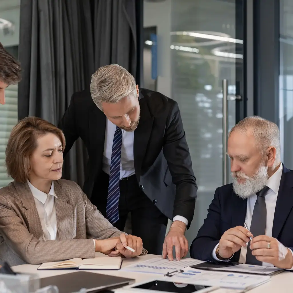 Drei Geschäftsführer im intensiven Strategiegespräch, gemeinsam Lösungen für vertriebliche Herausforderungen erarbeitend.