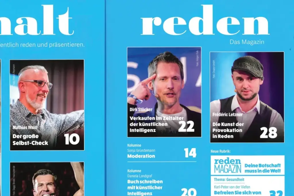 Foto eines Artikels in der Fachzeitschrift „Reden“ von Dirk Stöcker mit dem Titel „Verkaufen im Zeitalter der künstlichen Intelligenz“.