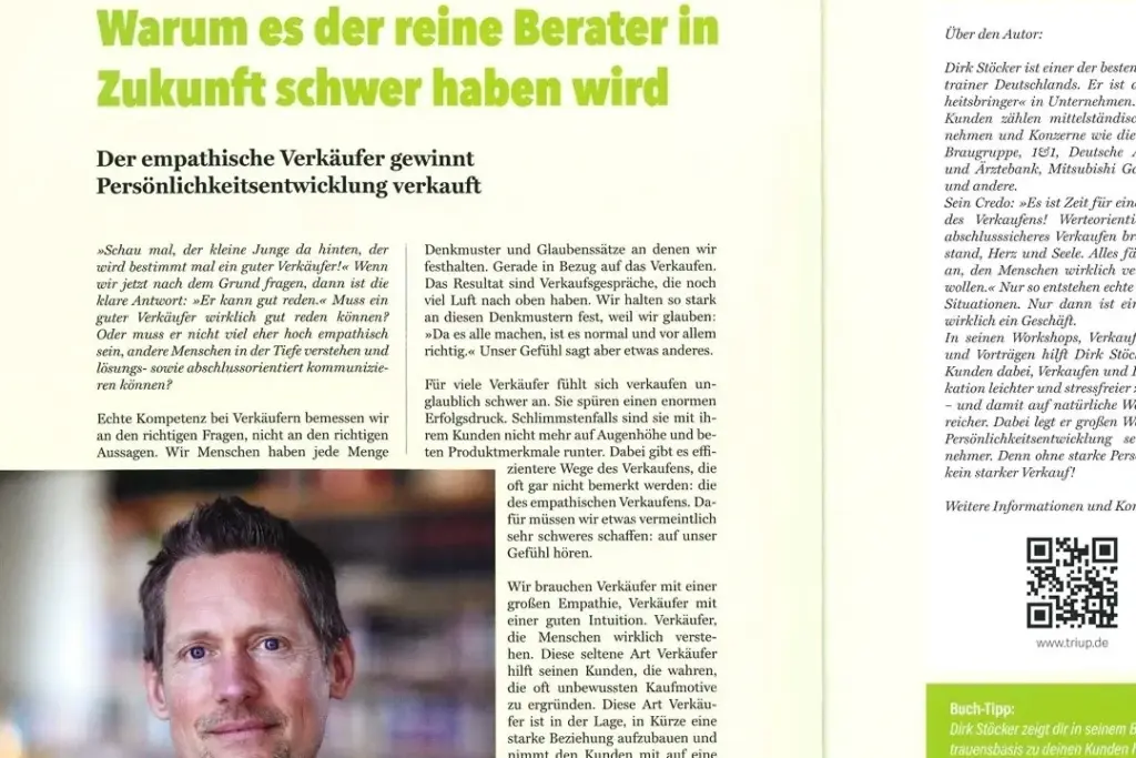 Magazinartikel über empathisches Verkaufen mit Dirk Stöcker als Verkaufstrainer und Autor