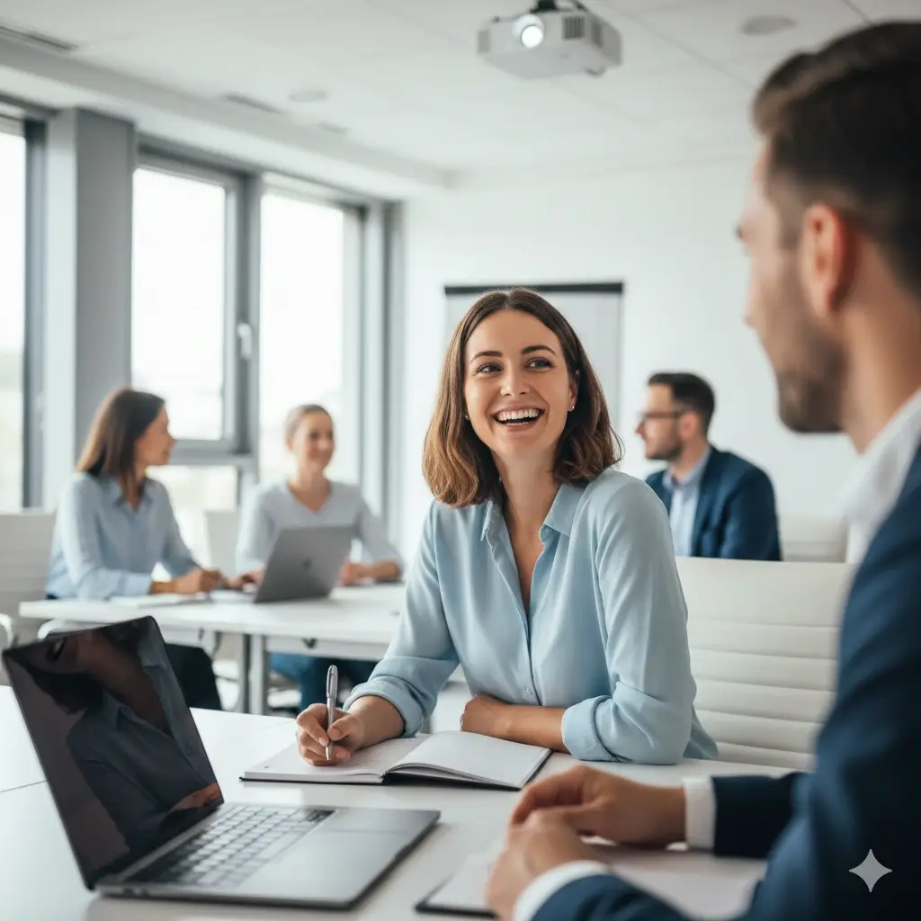 Vertriebsmitarbeiterin des Verkaufstrainingsinstitut triup GmbH beim Verkaufen lernen mit Kollegen. Freundliche, produktive Arbeitsatmosphäre im Vertrieb.