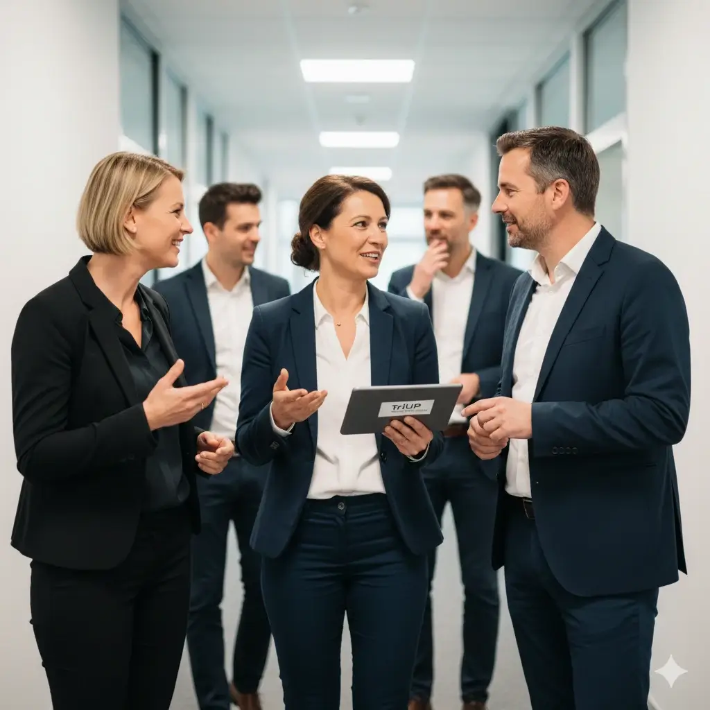 Teamgespräch nach triup Vertriebstraining: Mitarbeiter besprechen Chancen und strukturierte Kundengespräche