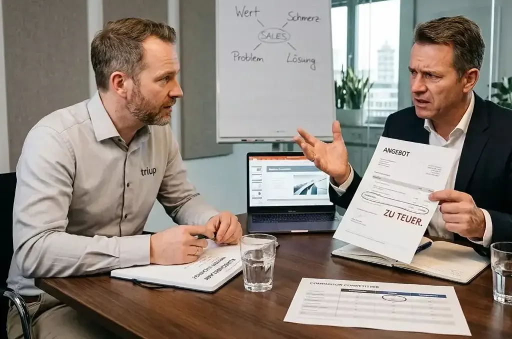 Verkäufer behandelt einen Preiseinwand im Kundengespräch während ein Kunde ein Blatt mit „Zu teuer“ hält