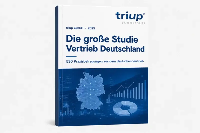 3D Darstellung des Studiencovers von triup mit dem Titel „Die große Studie Vertrieb Deutschland“ und dem Untertitel „530 Praxisbefragungen aus dem deutschen Vertrieb“.