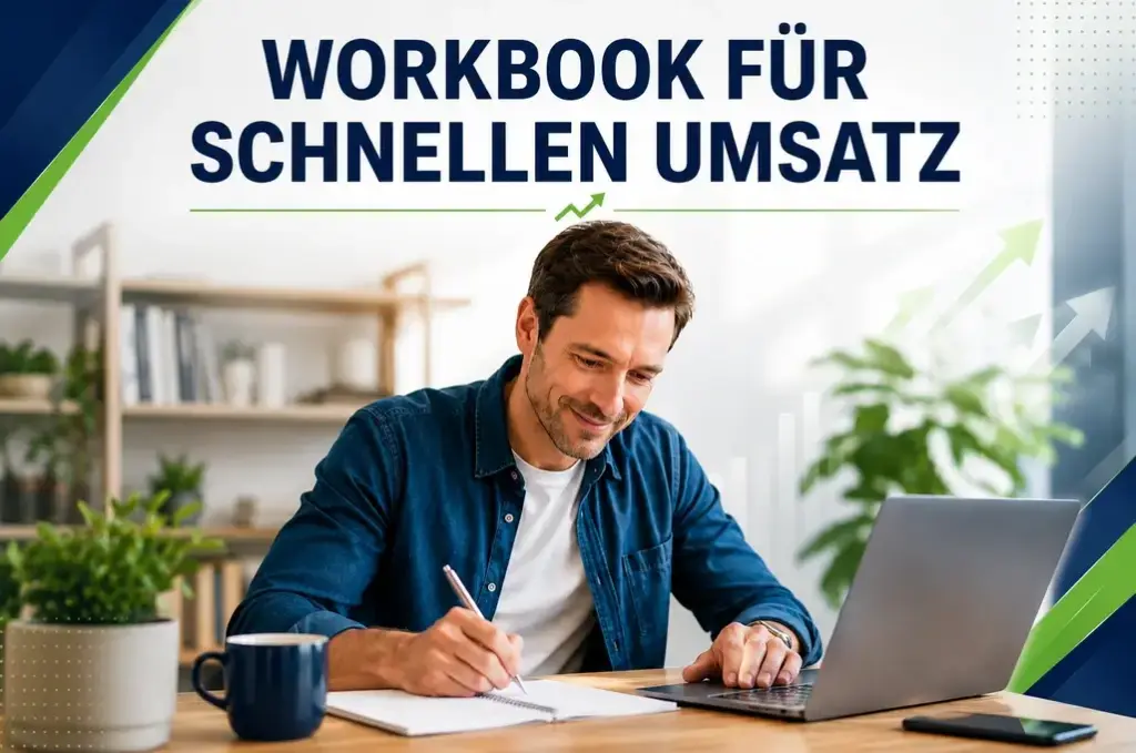 Workbook für schnellen Umsatz mit Mann am Schreibtisch, Laptop, Notizen und triup Farben für strukturiertes Umsatzwachstum.