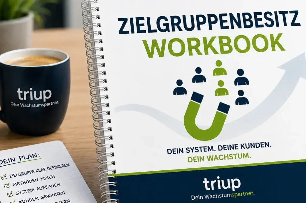 Workbook „Zielgruppenbesitz“ von triup auf einem Schreibtisch mit dem Hinweis „23 Wege, neue Kunden zu gewinnen und echten Zielgruppenbesitz aufzubauen“.