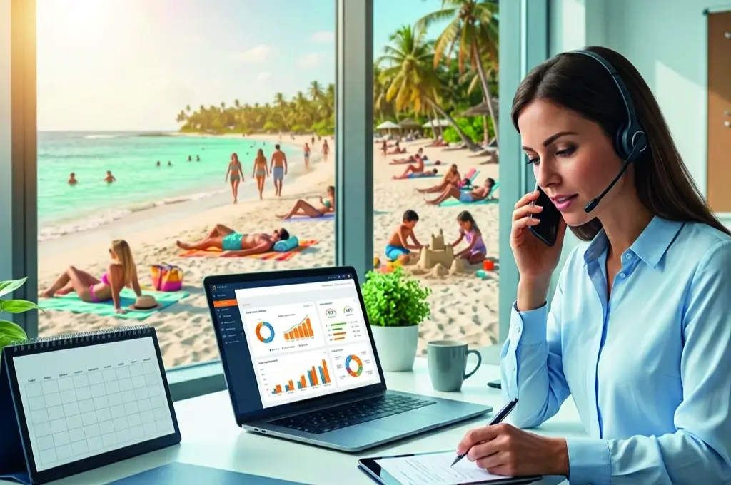 Vertriebsmitarbeiterin arbeitet im Büro am Laptop gegen das Sommerloch im Vertrieb, während draußen vor dem Fenster Urlauber am Strand zu sehen sind.